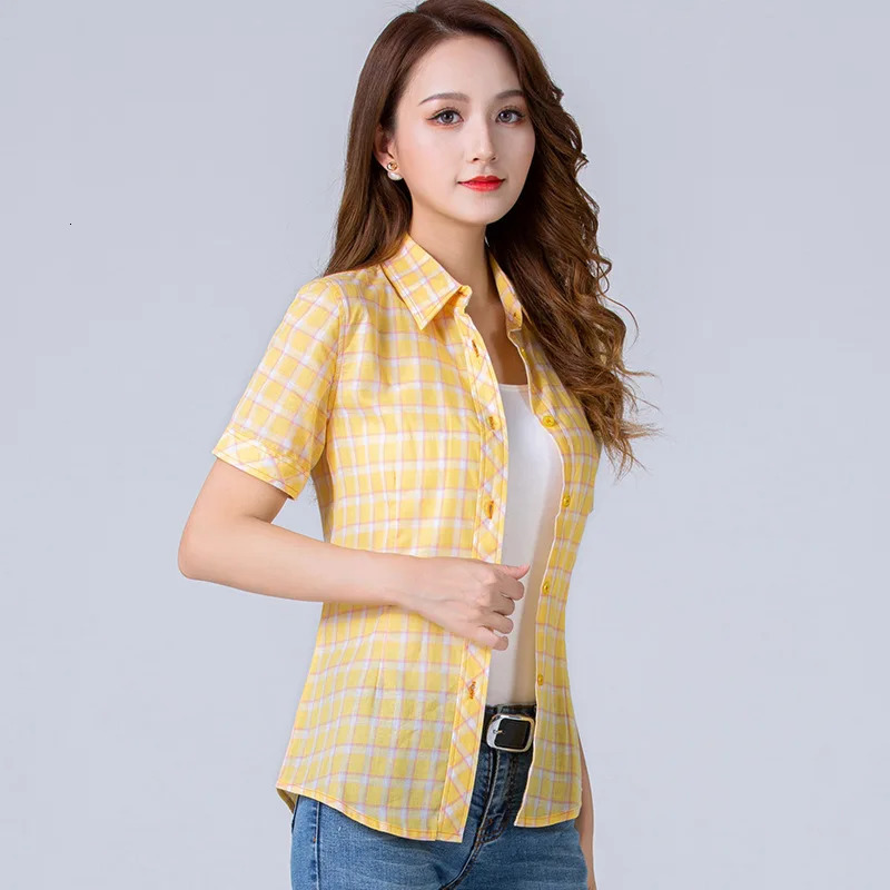 Summer Fashion Plaid Short Sleeve Shirt Women Blouse Casual Cotton Tops Fresh Girl Clothing 240327