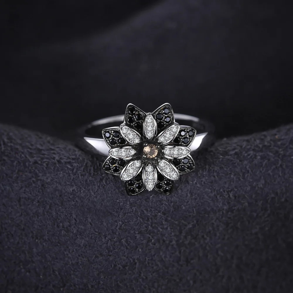 JewelryPalace Flower Genuine Smoky Quartz Black Spinel 925 Sterling Silver Cocktail Ring for Women Fine Jewelry Anniversary Gift 240327