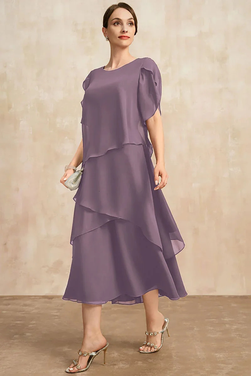 Temperament Chiffon Mother Of The Bride Dress Irregular Layered Hem Short Sleeve Maxi Party Wedding Guest Plus Size 240327