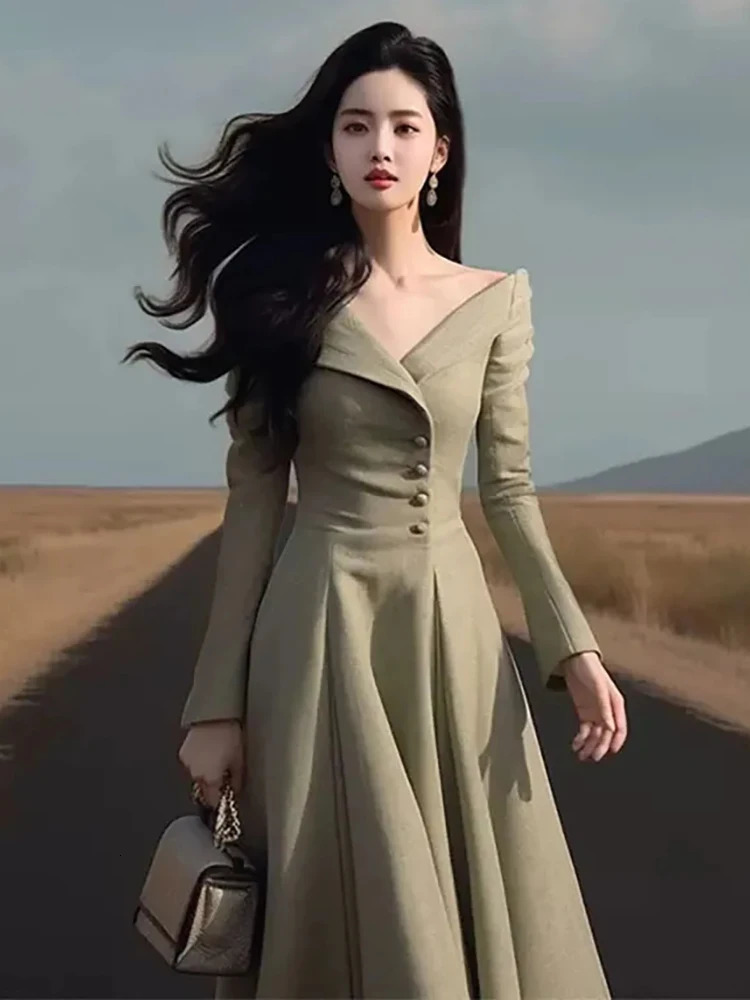 VNeck Off Shoulder Sexy Womens Dress Fashionable Forest Girl Style Solid Color Patchwork Slim ALine Dresses 240327