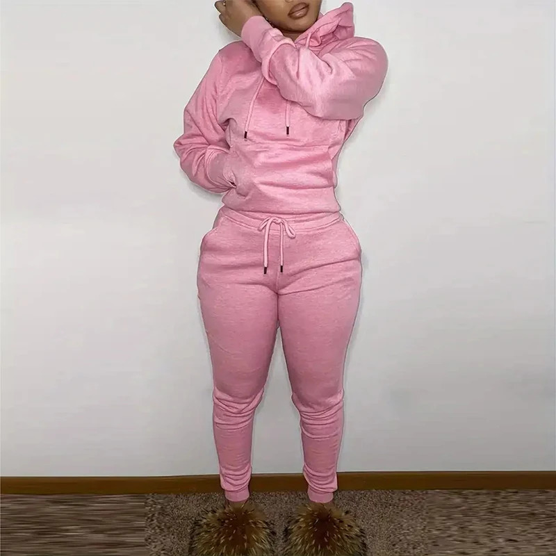 Fall Winter Women Casual Kangaroo Pocket Tracksuit Set Long Sleeve HoodieDrawstring Trousers Women Two Pieces Matching Suits 240325