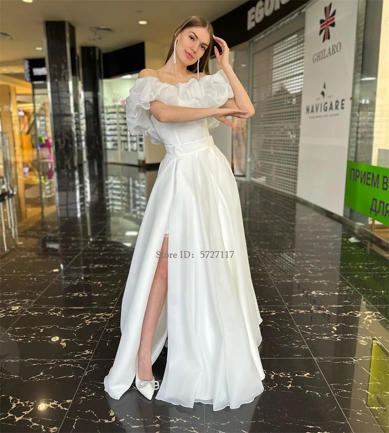 Graceful Strapless Satin A-Line Wedding Dresses Off the Shoulder Sleeveless Side Slit Sweep Train Bridal Gowns