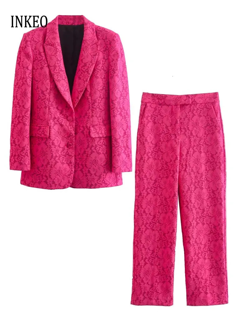 Pink Lace Blazer Set | Elegant Slim 2 Piece Wide Leg Pant Suit For Women ( Collection) B2