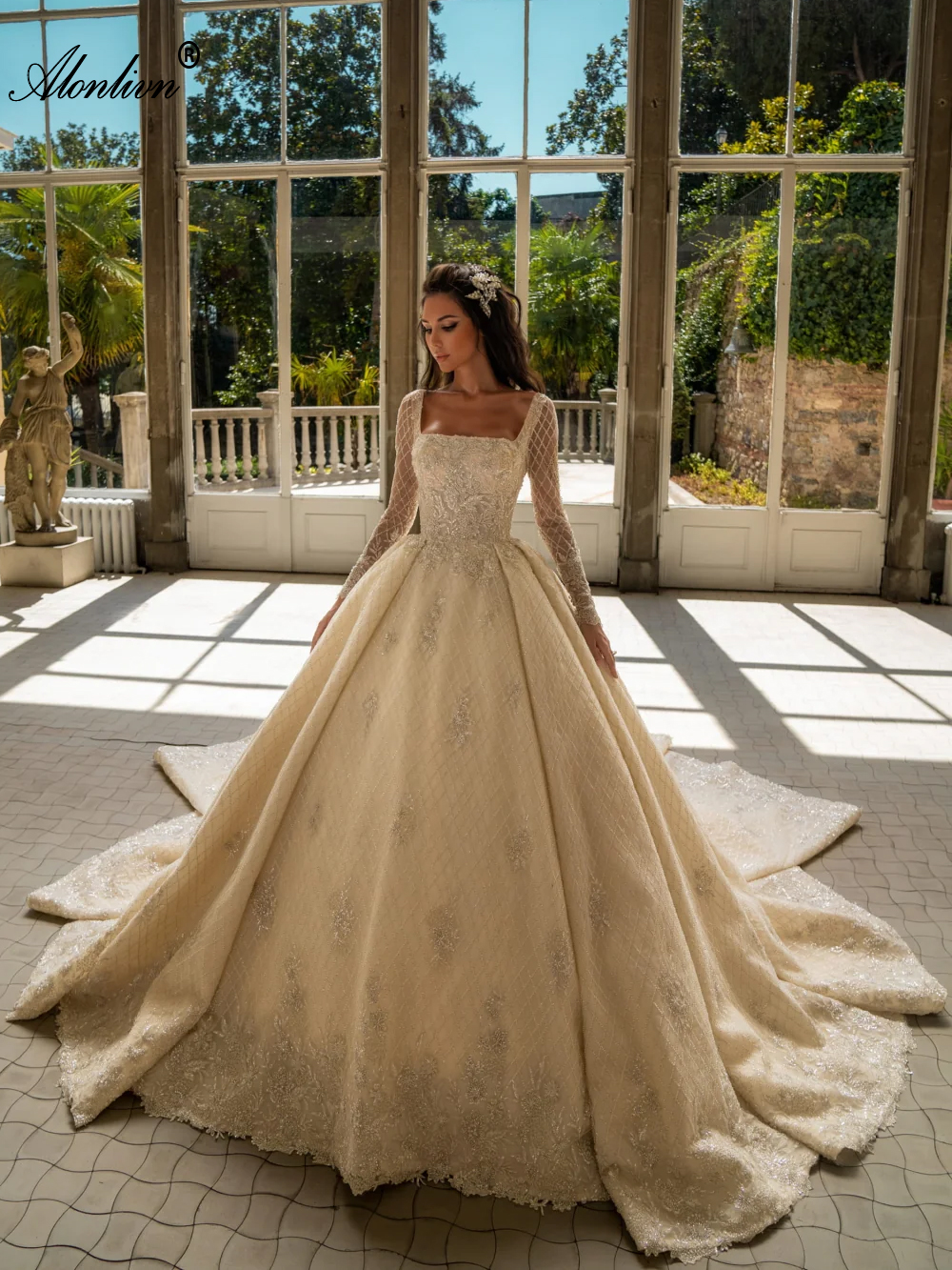 Magnificent Beading Lace Square Collar Ball Gown Wedding Dress Full Sleeves Beading Pearls Embroidery Appliques princess Bridal Gowns With Chapel Trai