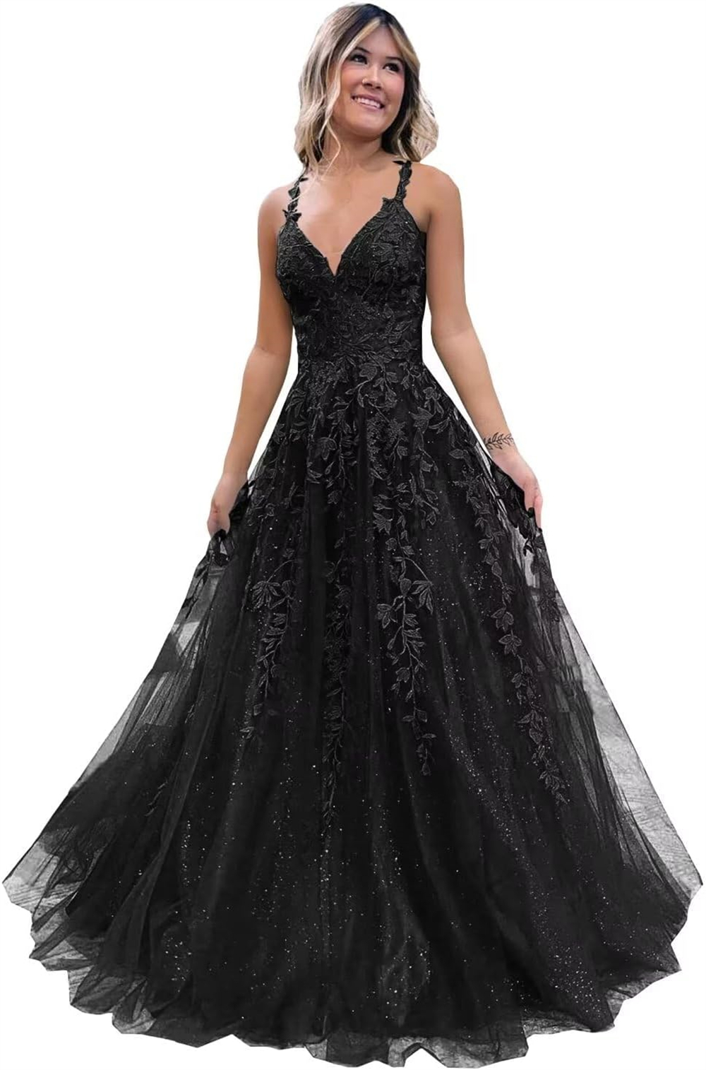 Spaghetti Long Prom Dresses Appliques Deep V-Neck Ball Gown Tulle Plus Size Lace-up Floor-Length Formal Occasion Evening Party Gown Pd06