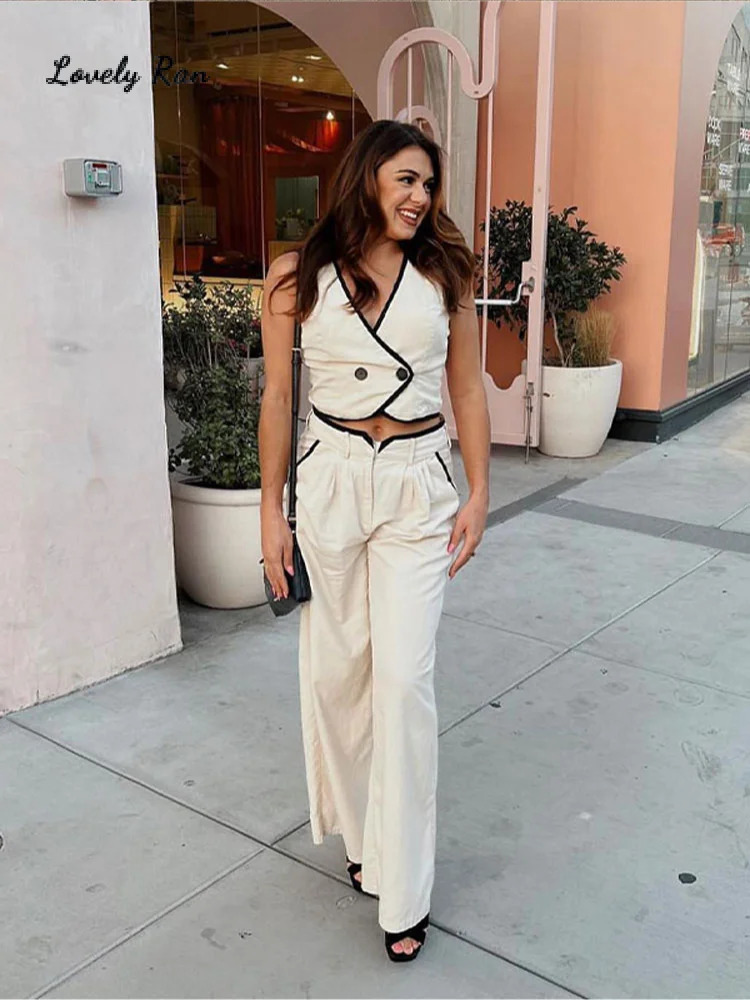 Fashion Pants Women Vest Suit Sexy Two Buttons Tank Top Casual Pencil Zippers Pocket Trousers Spring Summer Lady Set 240319