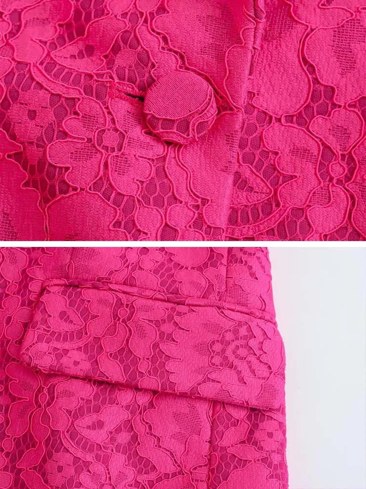 Pink Lace Blazer Set | Elegant Slim 2 Piece Wide Leg Pant Suit For Women ( Collection) B2