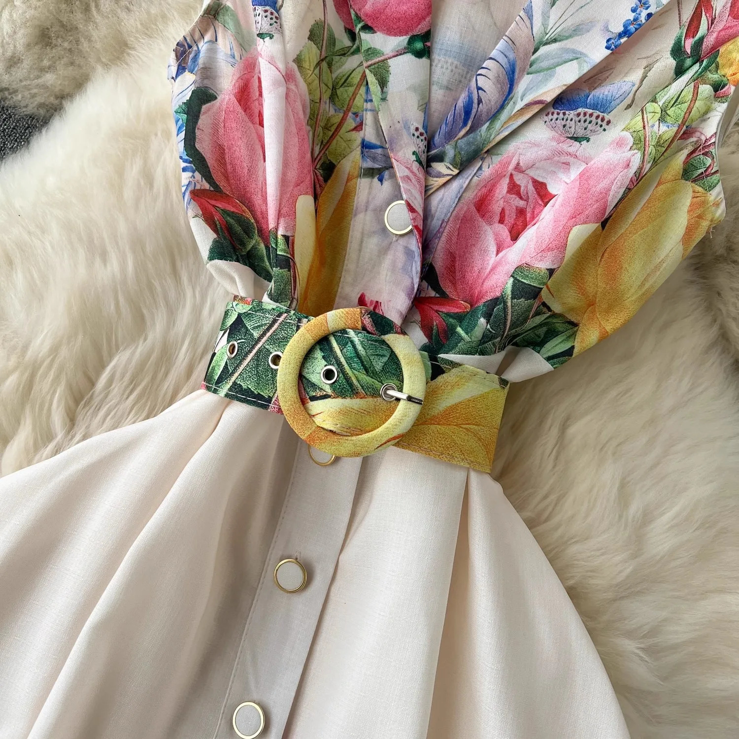 Summer Holiday Beach Dress Womens Notched Collar Sleeveless Single Breasted Floral Print Belt Long Boho Party Vestido 6389 240327
