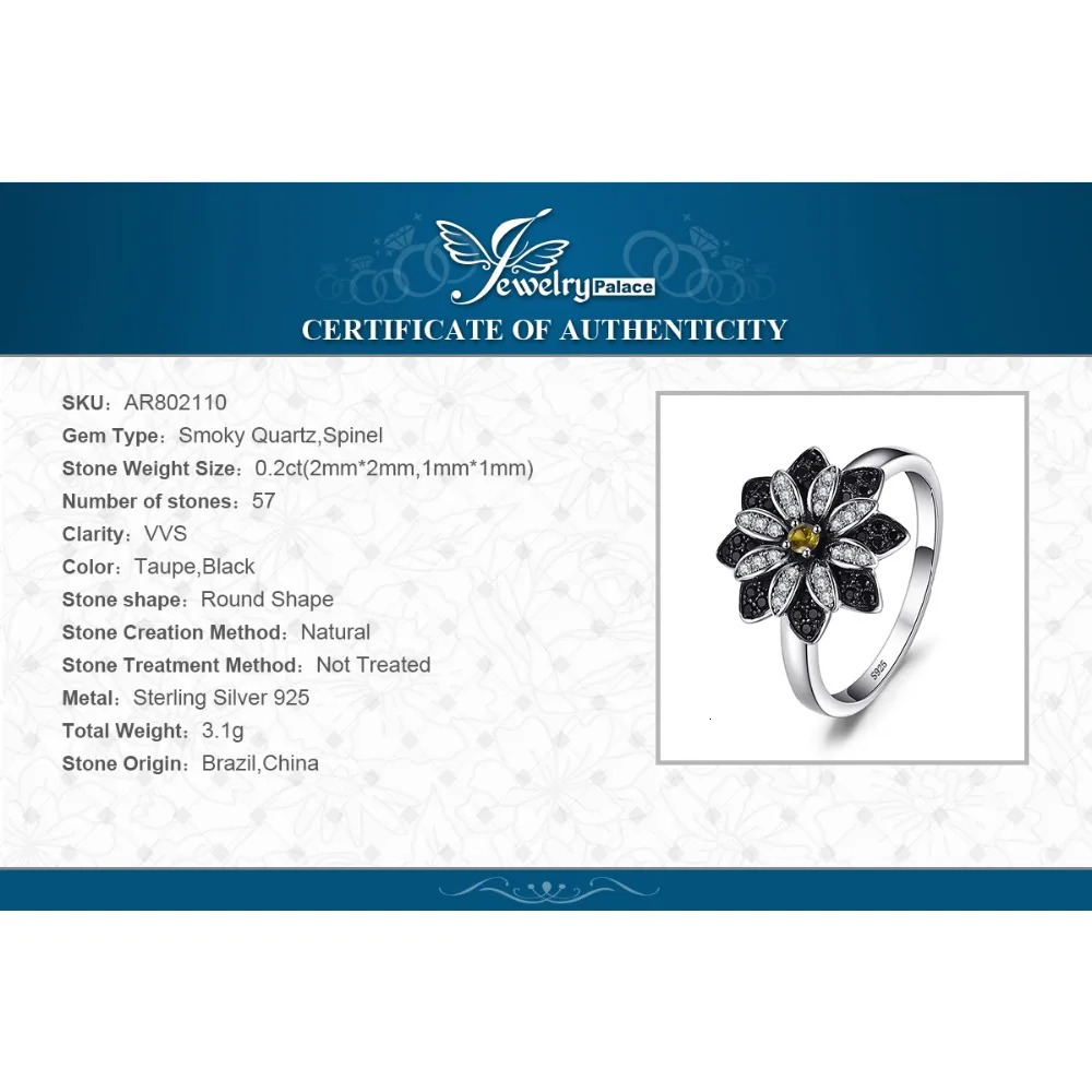 JewelryPalace Flower Genuine Smoky Quartz Black Spinel 925 Sterling Silver Cocktail Ring for Women Fine Jewelry Anniversary Gift 240327