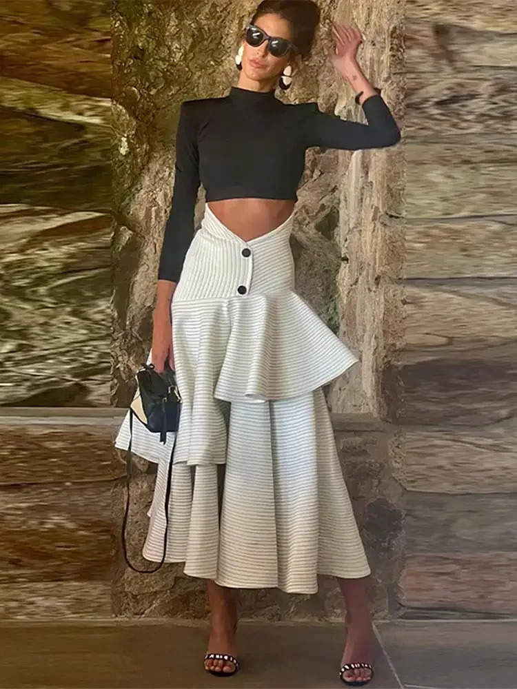 Fashion Ruffles Layer High Waist Long Skirt Set Women Turtleneck Sleeve Slim Top Suit 2024 Lady Elegant Party Club Outwear 240312