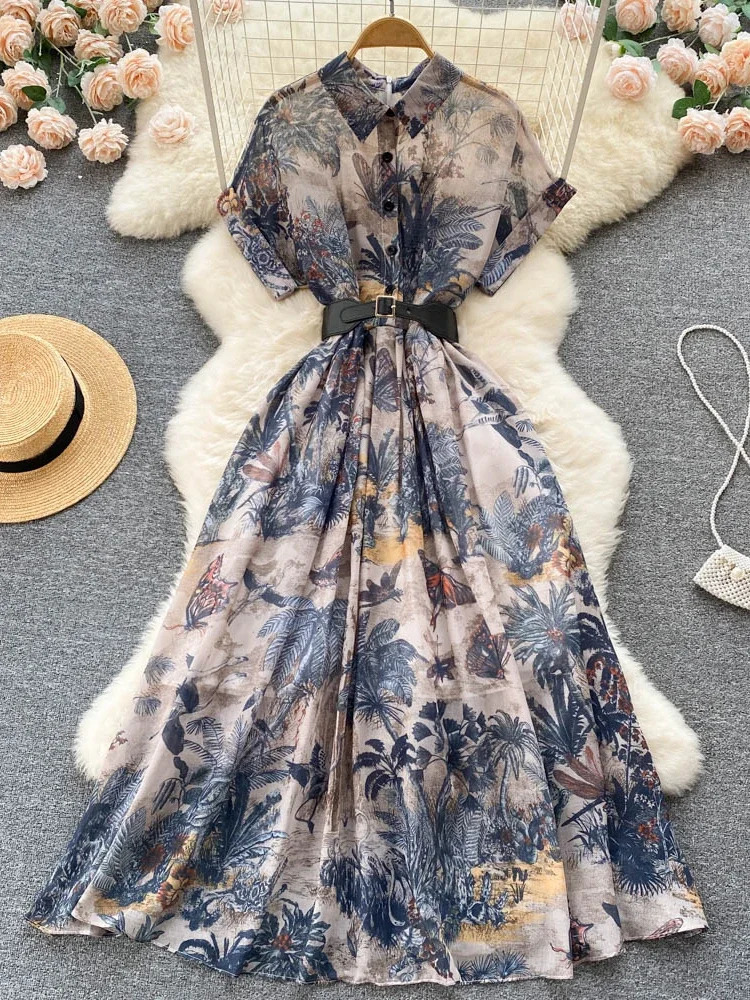 Women Vintage Party Dress Summer French Elegant Print Ladies High Waist Retro Single Breasted Belt Casual Long 240327