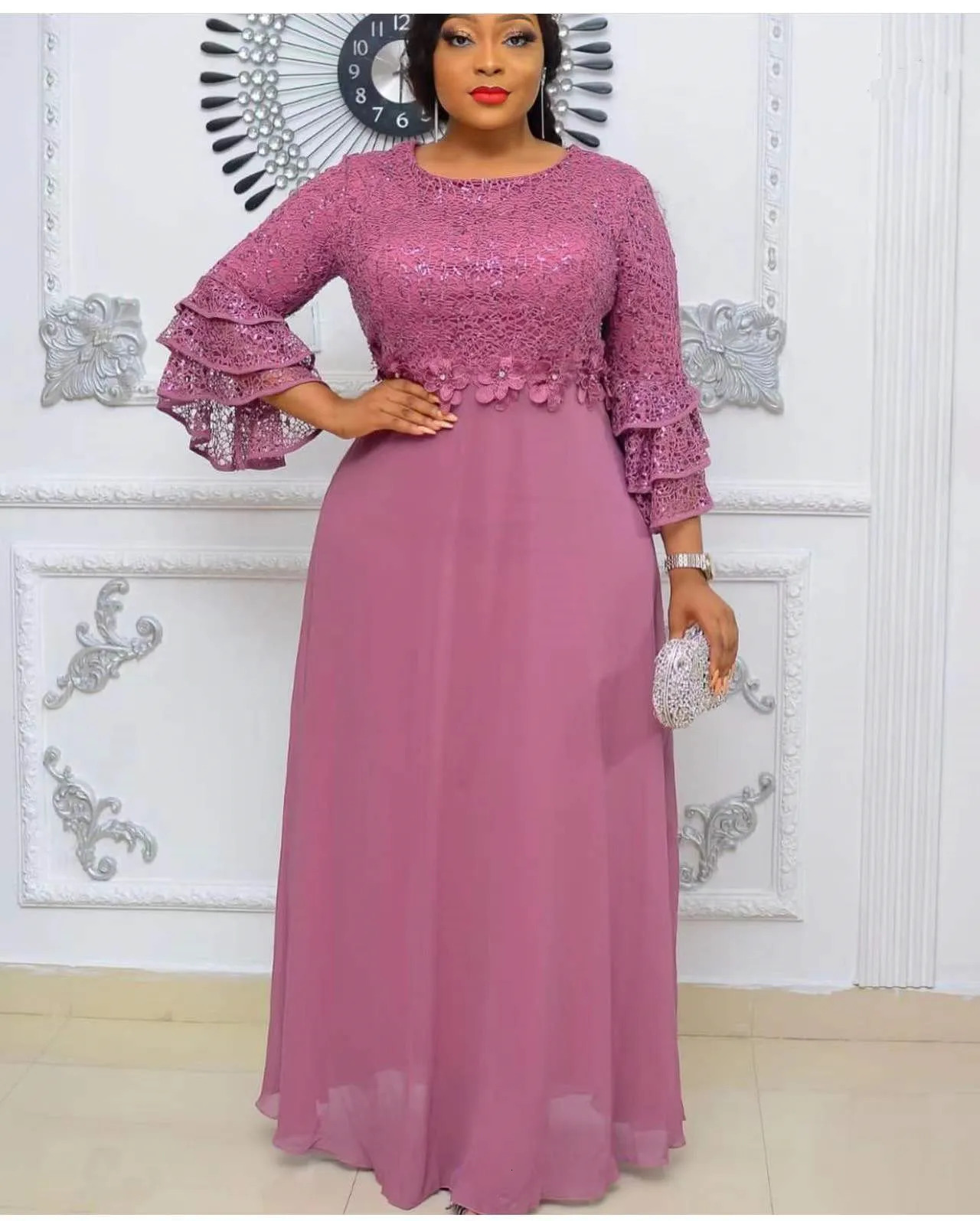 Plus Size African Party Dresses for Women Fashion Dashiki Ankara Lace Wedding Gowns Elegant Turkey Muslim Maxi Dress 240318