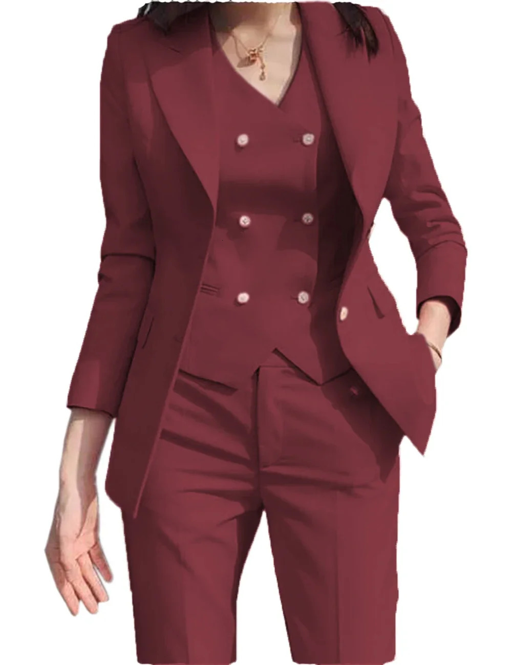 Fashion Ladies Business Solid Color Suits Trousers Waistcoat Womans Pink Blazers Jacket Pants Vest Set 240327