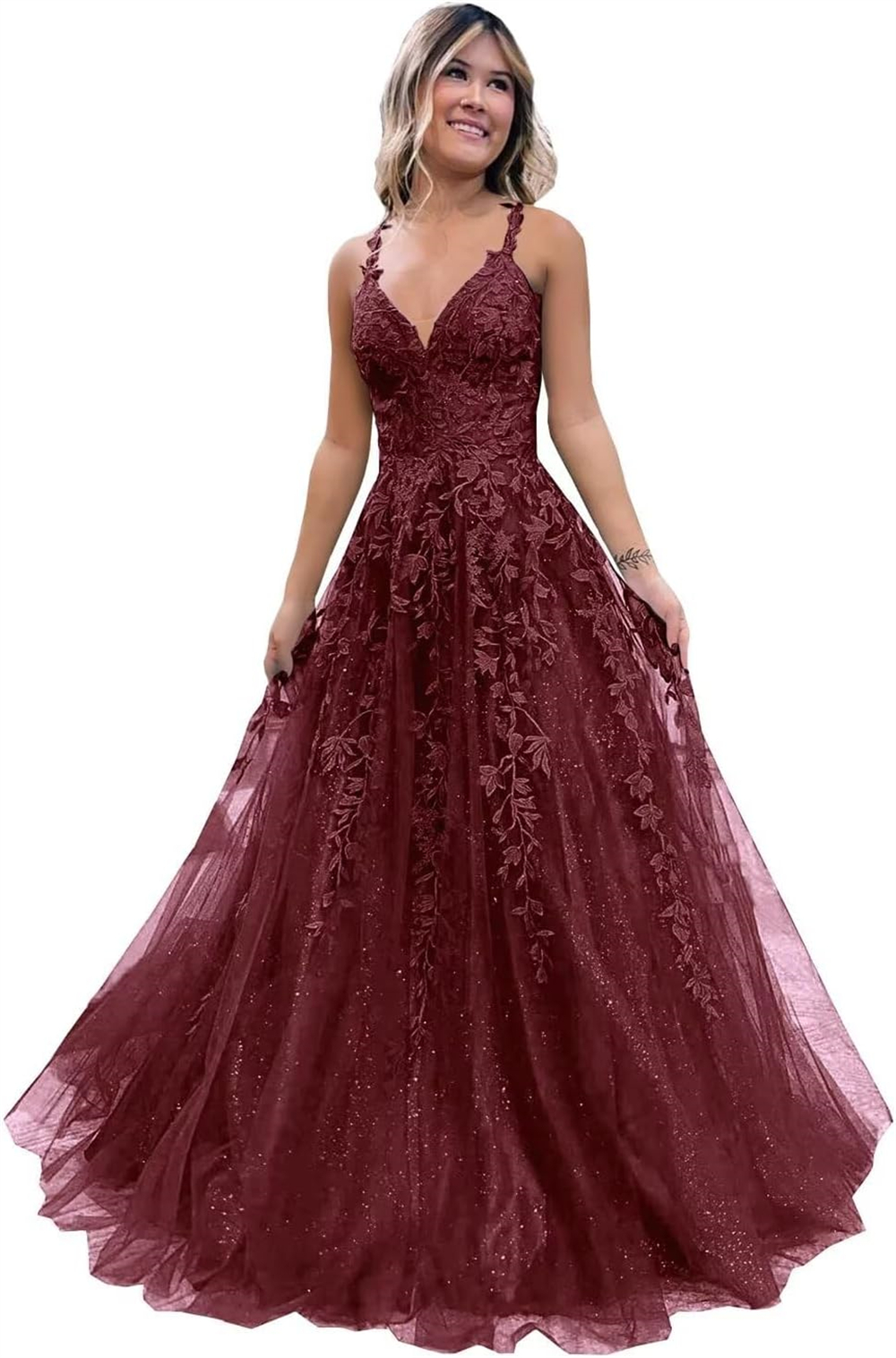 Spaghetti Long Prom Dresses Appliques Deep V-Neck Ball Gown Tulle Plus Size Lace-up Floor-Length Formal Occasion Evening Party Gown Pd06