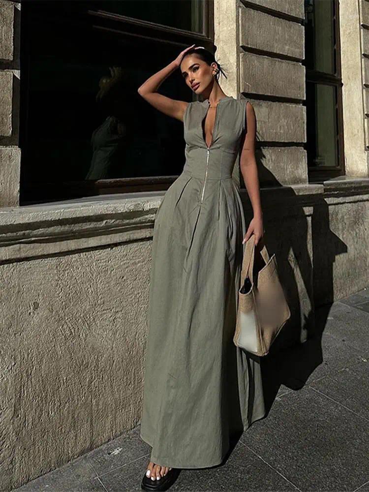 Casual Dresses Women Elegant Solid Half Zipper A-line Fashion Round Collar Sleeveless Pleated Slim Dress Female High Street Robe