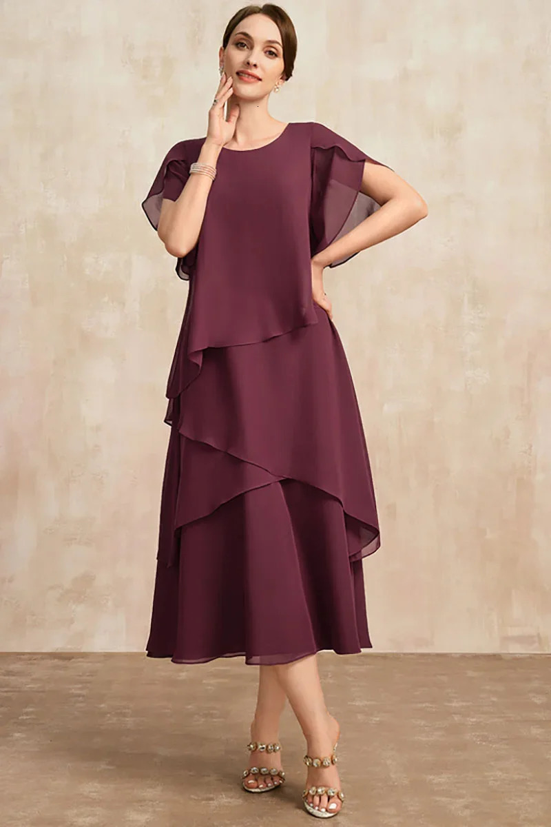 Temperament Chiffon Mother Of The Bride Dress Irregular Layered Hem Short Sleeve Maxi Party Wedding Guest Plus Size 240327