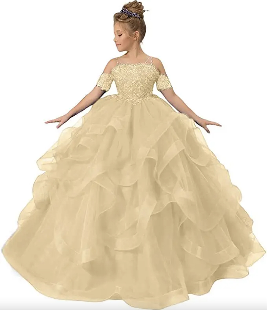 Flower Girl Dress Royal Blue Tulle Puffy Layered Appliques Short Sleeve For Wedding Birthday Party Banquet Princess Gowns