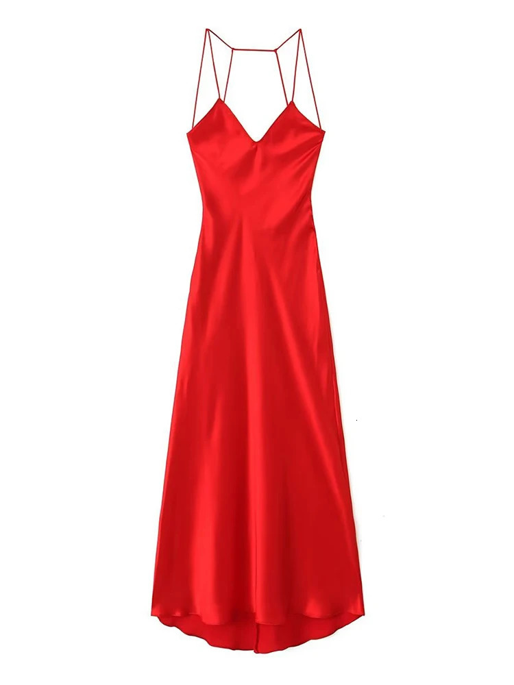 TRAFZA Womens Spaghetti Straps VNeck Backless Dress Red Sexy Long Satin Dresses Fashion Sleeveless Elegant Party 240322