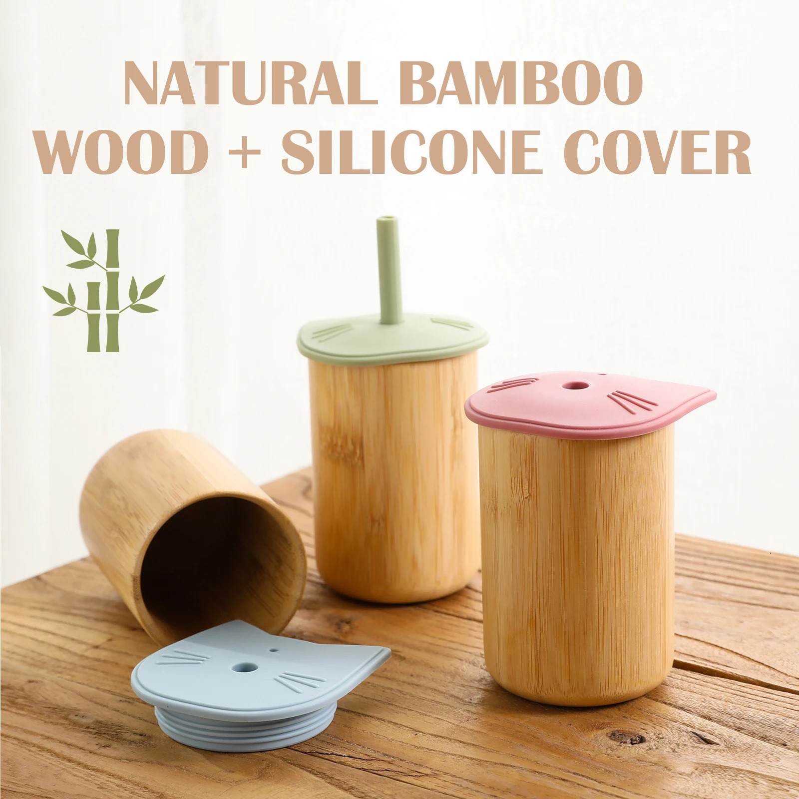 Bopoobo Baby Feeding Cup Silicone Straw BPA Free Detachable Bamboo Wooden Kid Learning Children Soft 240322