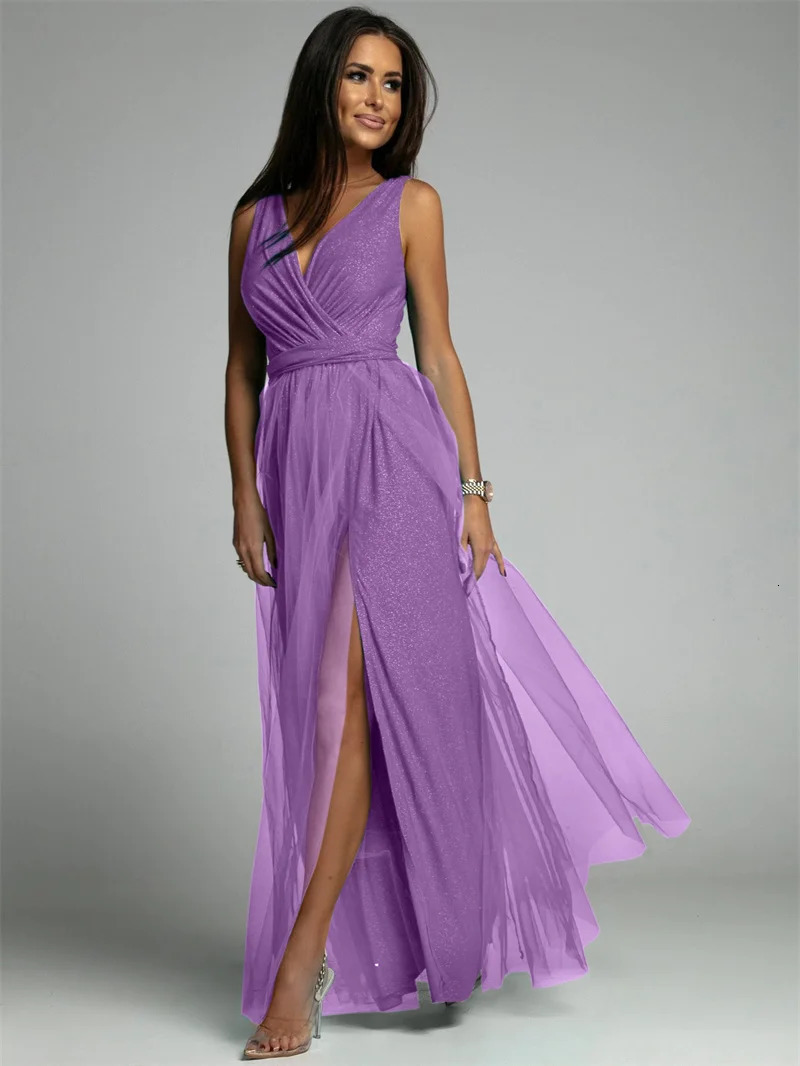 Sexy Crossover V Neck Dress Women Elegant Party Shrink Waist Sleeveless Dressy Female Split Hem Shiny Decoration Princess Skirt 240327