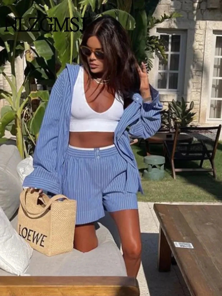 Nlzgmsj Vintage Blue Striped Chic Women Suit Single Breasted Turndown Collar Blouse Loose Shorts Autumn Female Set 240323