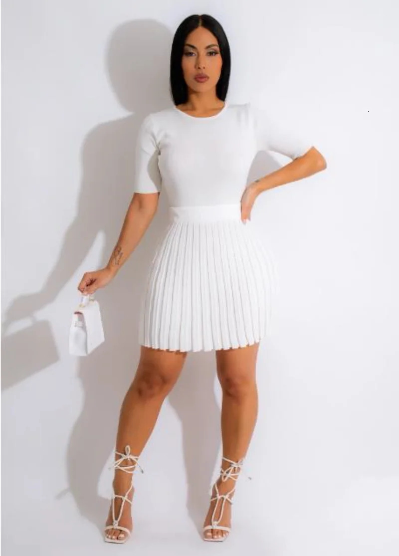 CMYAYA Women Knit Ribbed Pleated High Waist Skirts Set and Short Sleeve Tshirt Matching Two 2 Piece Dress Outfits 2023 240323