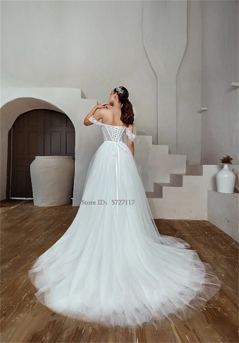 Simple Sweetheart Neck A-Line Wedding Dresses Off the Shoulder Lace Appliques Bridal Gowns Abito Da Sposa Pleat