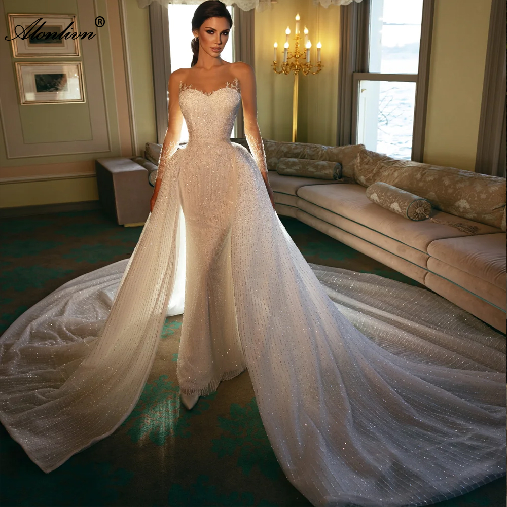 2024 Luxurious sparkly Lace Sheer Neck 2 In 1 Mermaid Wedding Dresses Removable Train Beading Lace Illusion Sleeves Trumpet Bridal Gowns