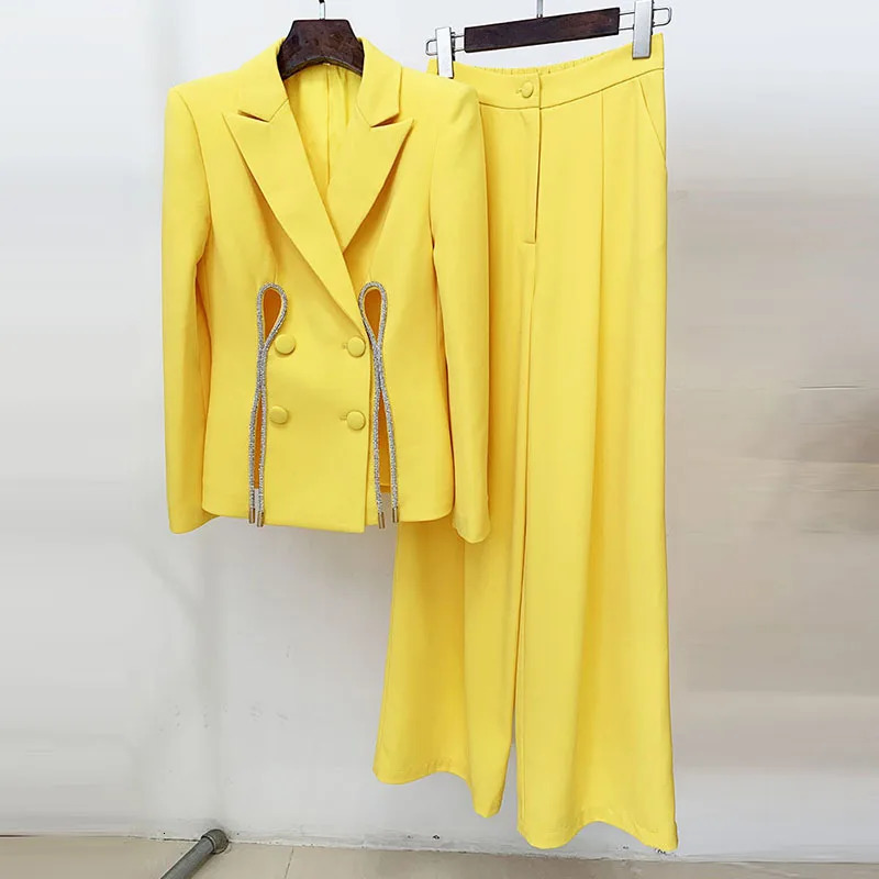 JAMERARY Diamond Chain Two Piece Suit Coats Women Set Yellow Hollow Out Blazers Wide Leg Pants Long Trousers Suits Elastic Waist 240327