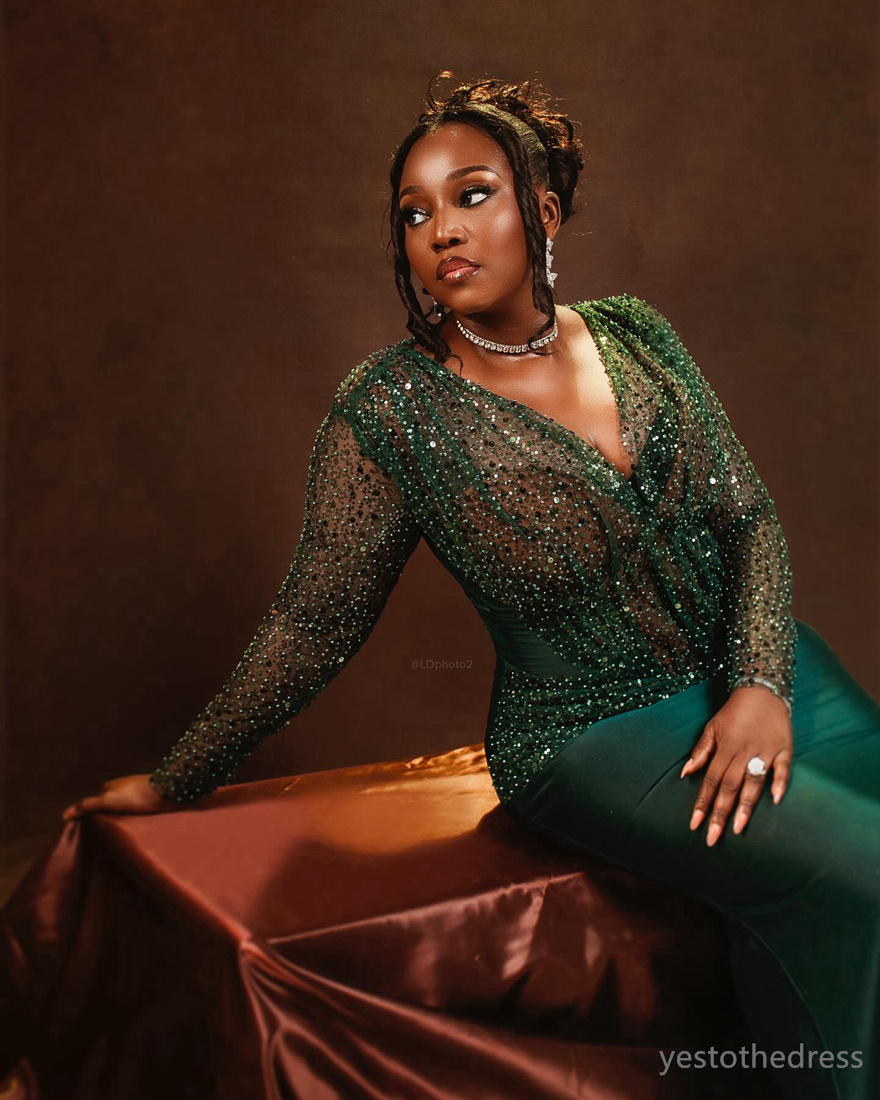 2024 Plus Size Aso Ebi Prom Dresses For Black Women Hunter Green Evening Dresses Elegant Promdress V Neck Long Sleeves Sequined Lace Birthday Dress Fo