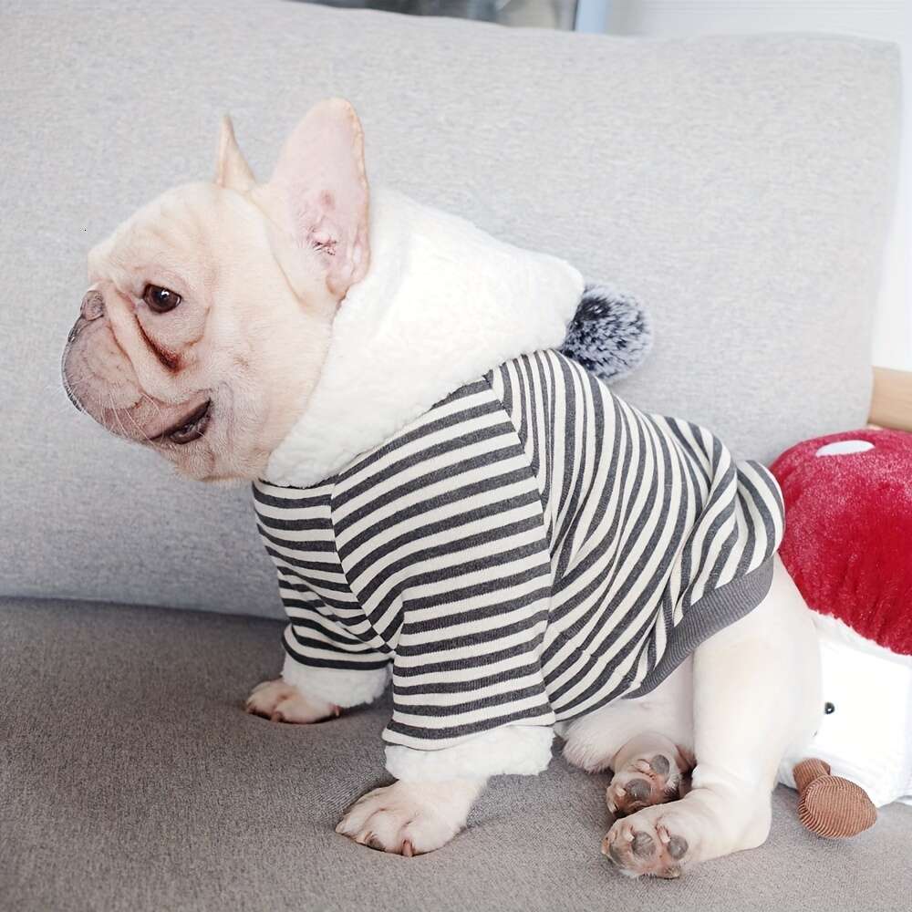 pet clothes dogs autumn and winter lamb wool striped knitted fleece hooded sweatshirt for french bulldogs
