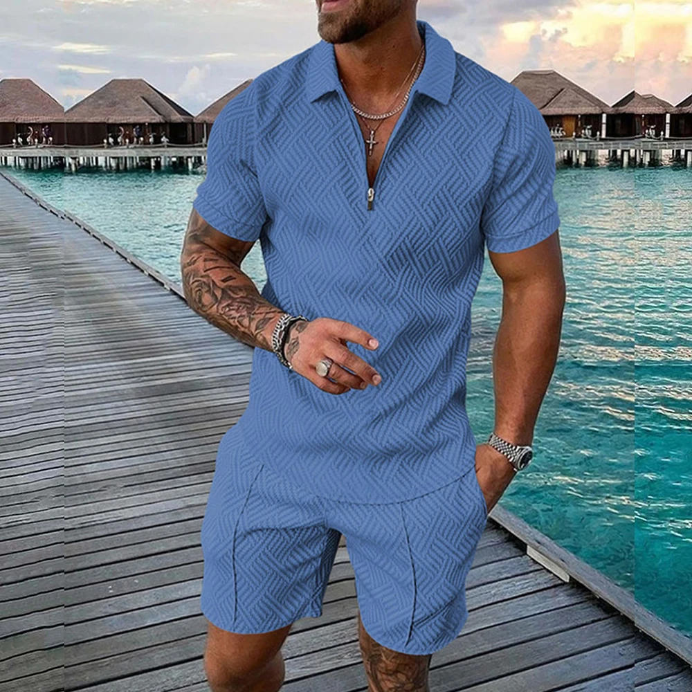 Mens Athletic T-Shirt Set Casual Lapel Short Sleeve Pullover Zip Up T-shirt Shorts 2-Piece Sets Mens Solid Sporty Suits 240325