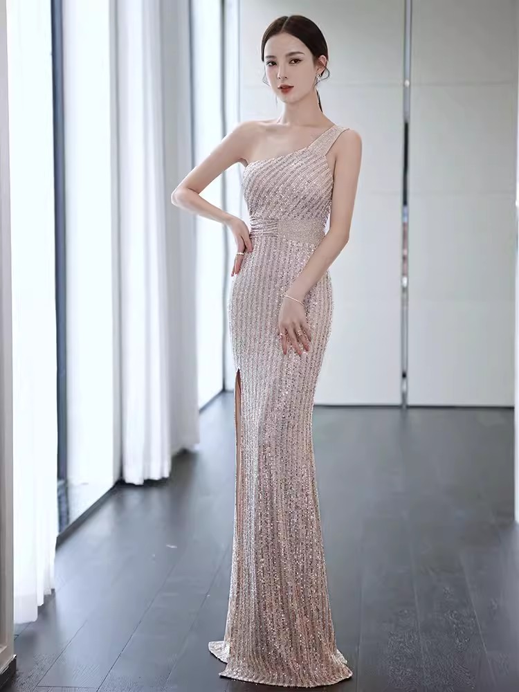 Glittering Champagne Sequined Evening Dresses Sexy One Shoulder Formal Prom Gowns Side Slit Mermaid Women Special Occasion Dress