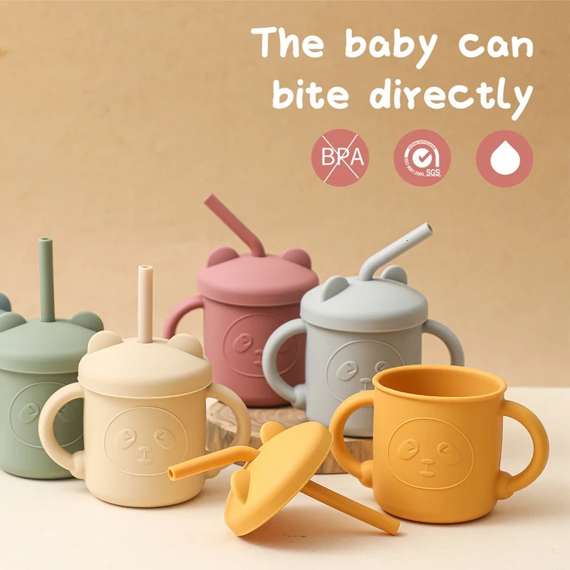 Lets Make Bear Silicone Baby Feeding Cup with Straw BPA Free Silicon Sippy Trainer Cups Handles Water Bottle 240322