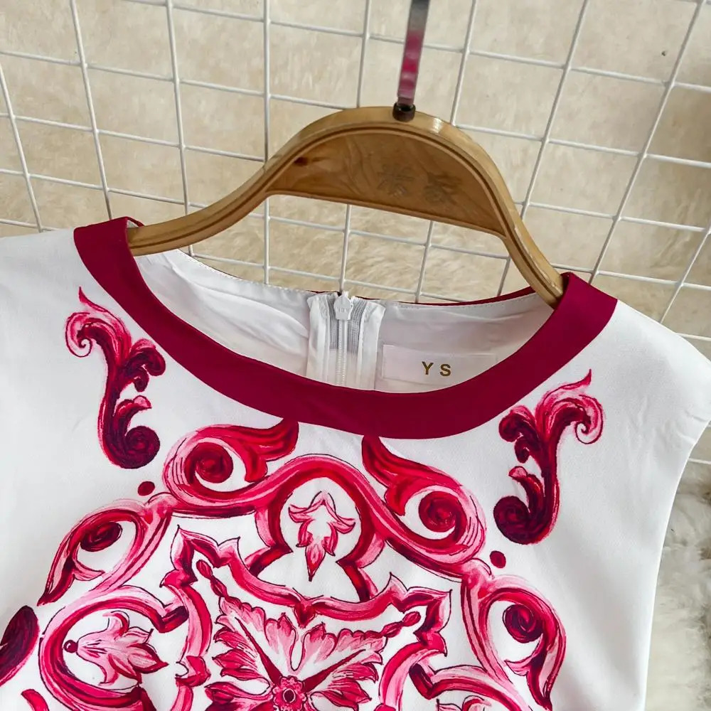 Fashion Runway Summer Short Dress Womens Sleeveless Red Blue And White Porcelain Flower Print Holiday Tank Mini Vestidos 240327