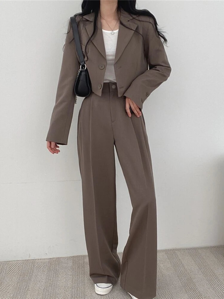 Korean OL Short Suits Sets Women Casual Loose Crop Blazers Jackets Conjunto High Waist Wide Leg Pants Ensemble Offcie Outfit 240327