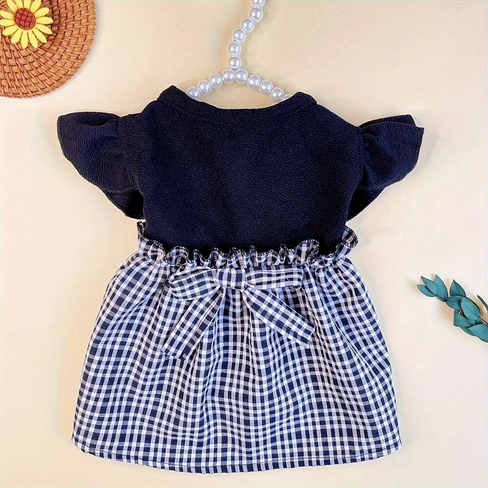 1pc pet dress with plaid bow flying sleeves all season dog and cat clothing