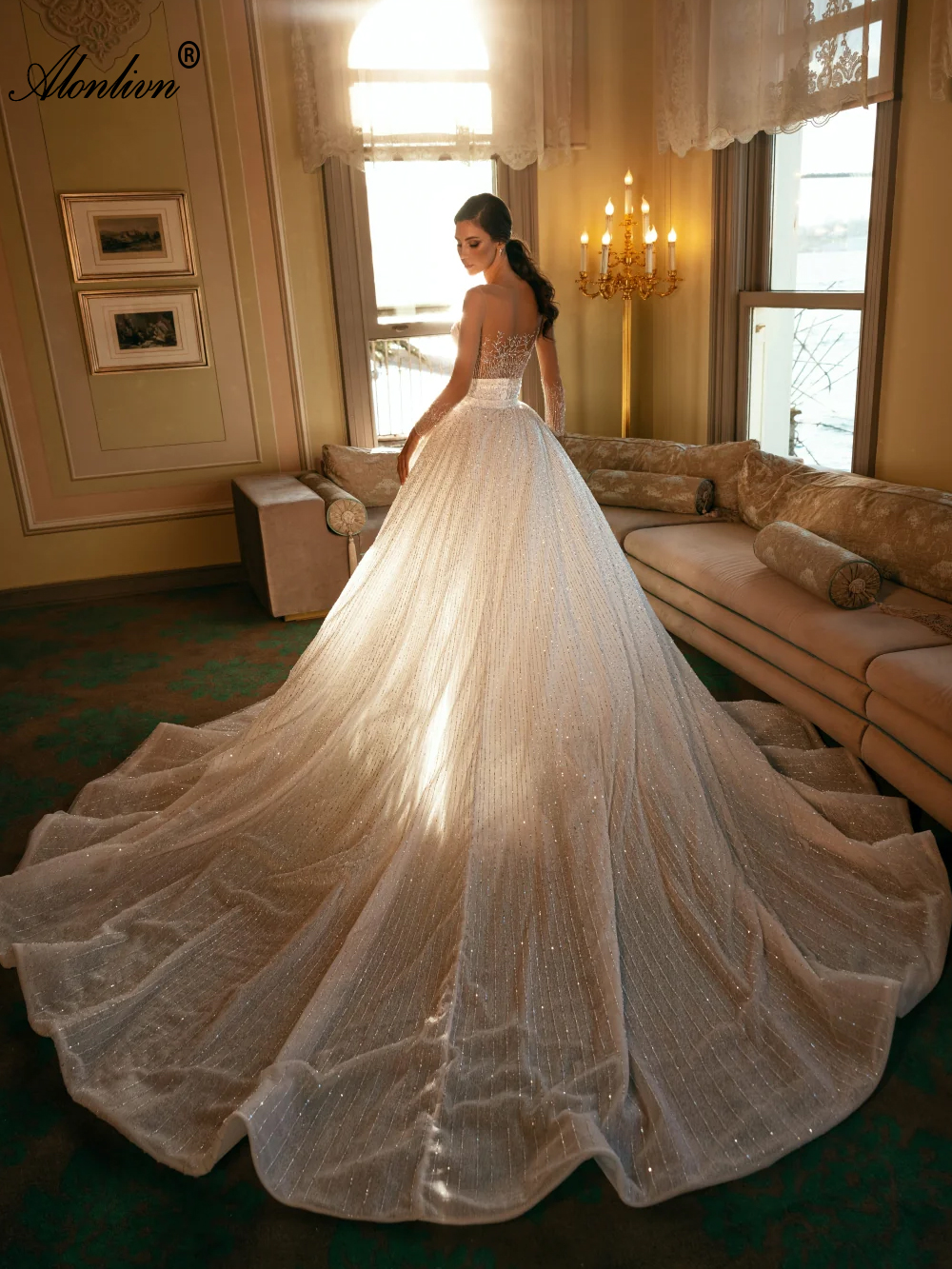 2024 Luxurious sparkly Lace Sheer Neck 2 In 1 Mermaid Wedding Dresses Removable Train Beading Lace Illusion Sleeves Trumpet Bridal Gowns