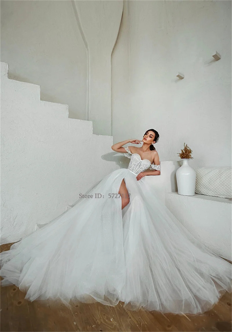Simple Sweetheart Neck A-Line Wedding Dresses Off the Shoulder Lace Appliques Bridal Gowns Abito Da Sposa Pleat