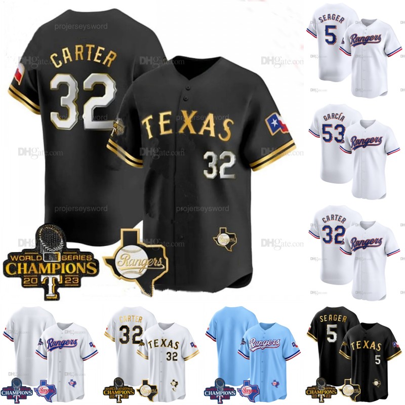 Texas Evan Carter 2024 Gold Program Patch Champions Jersey Corey Seager Adolis Garcia Max Scherzer Marcus Semien Jonah Heim Leody Taveras Josh Jung Rangers Jerseys