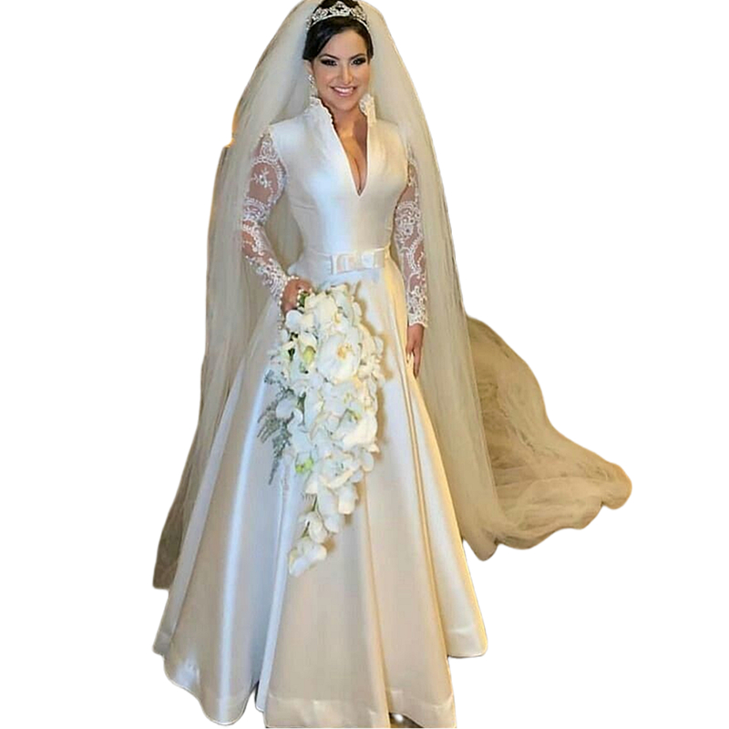 Simple White Satin A Line Wedding Dresses Deep V-Neck Lace Long Sleeves Empire Waist Floor Length Bridal Gowns Elegant Garden Bride Dress