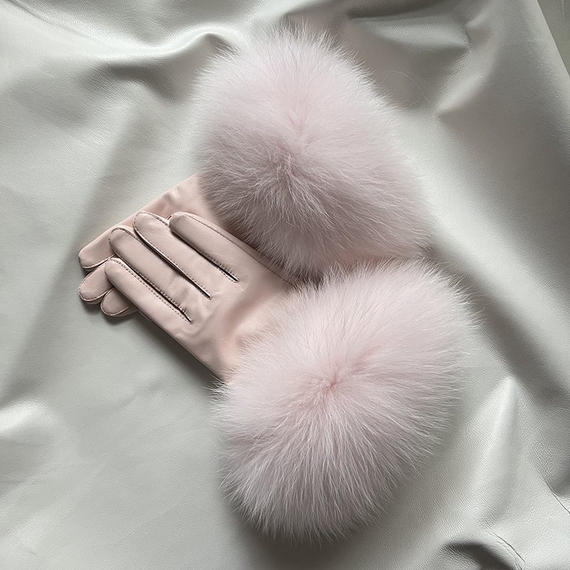 Real Sheepskin Gloves Fox Fur Women's Genuine Leather Glove Winter Warm Fashion Style Natural Fluffy Fox Fur