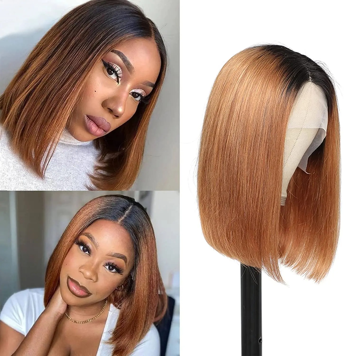 1B/30 Color 13X4 Lace Frontal Wig Brown Human Hair 1B/99J Bury Ombre Straight Short Bob Wigs