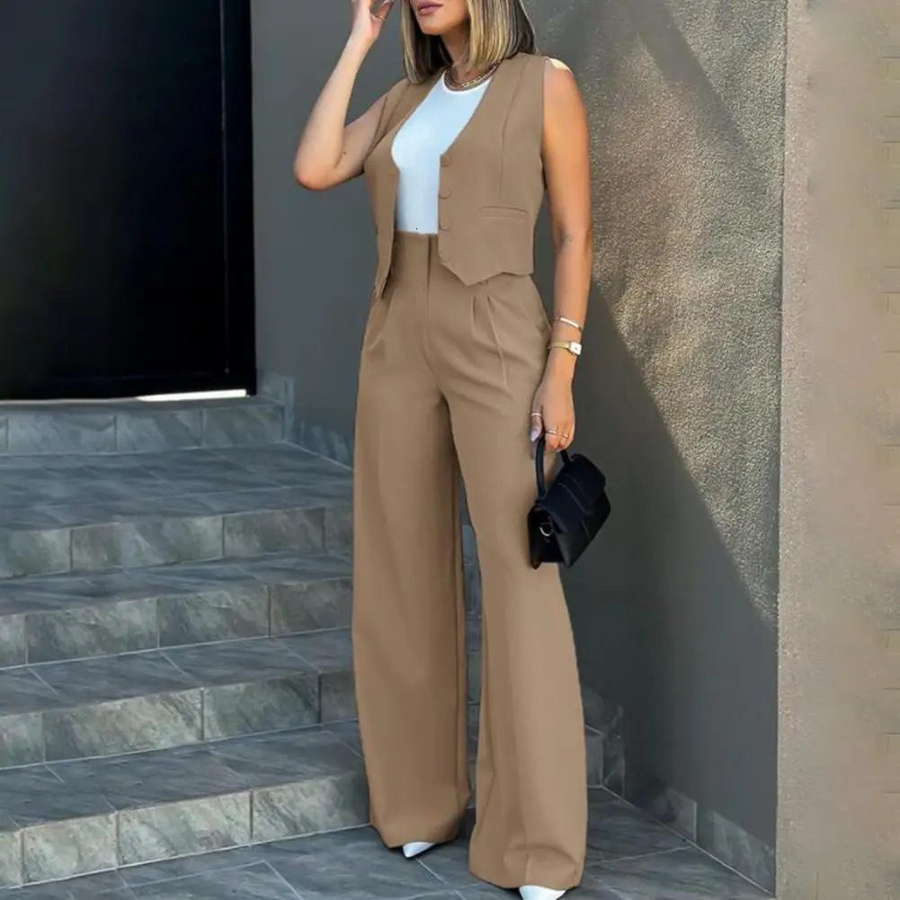 Women Suit Vest Elegant Lady Baggy Pants Set with Sleeveless Womens High Waist Wide Leg in for Fashionable 240327