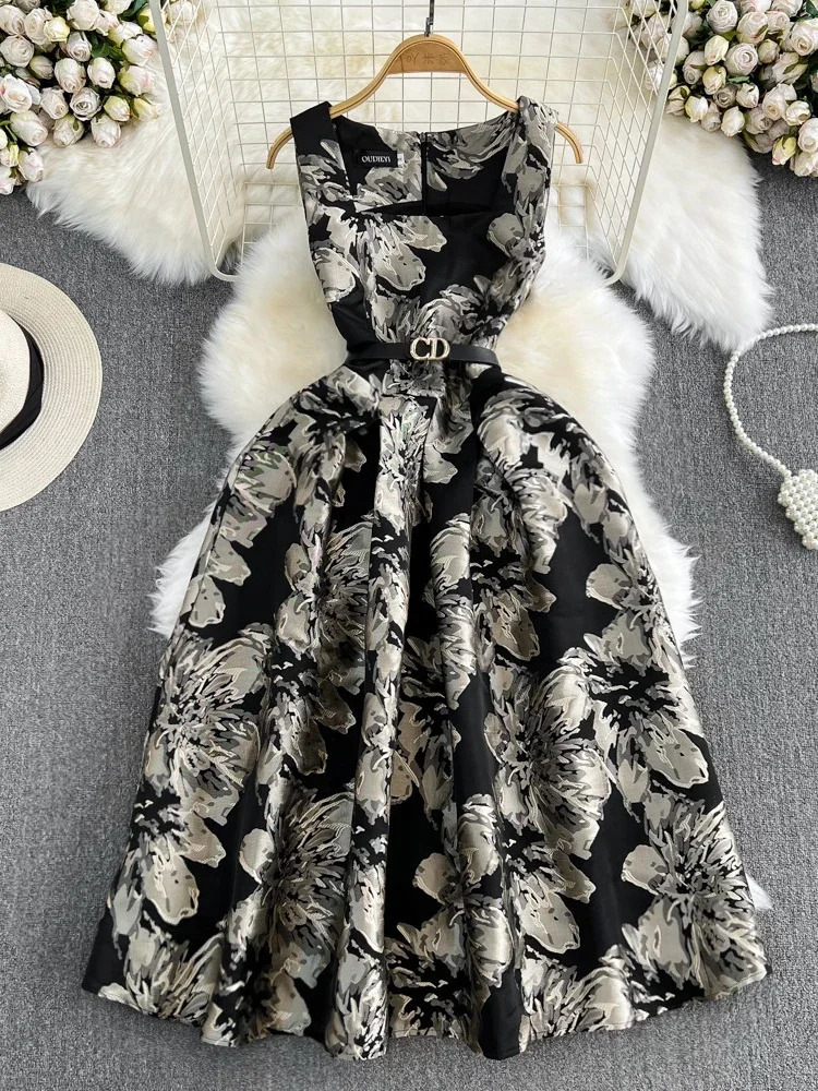 Summer French Vintage Dres Sleeveless Square Neck Jacquard Party Dresses Ladies Elegant Slim Aline Long Robe Vestidos 240323