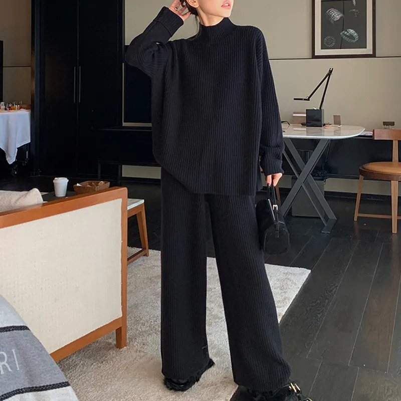 Fall and Winter Womens Knitted Pant Suits Korean Fashion Loose Mock Neck Pullover Sweater Elastic Waist Pants 2pcs Matching Set 240327