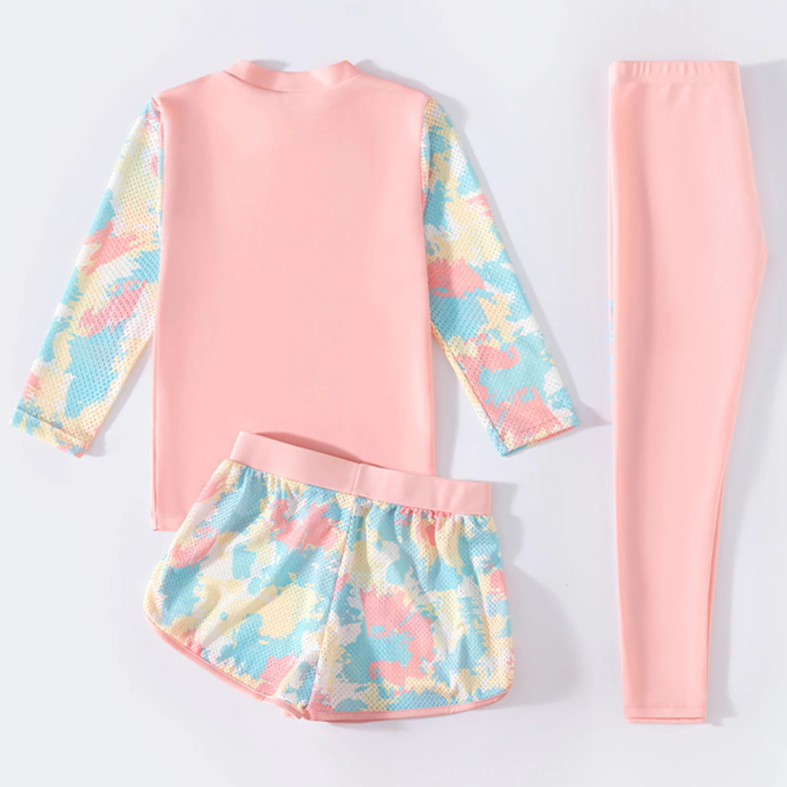 Kids Girls 3Pcs Colorful Print Swimsuit Sun Protection Rash Guard Long Sleeve Swim Top Shorts And Pants Swimwear Bathing Suit 240326