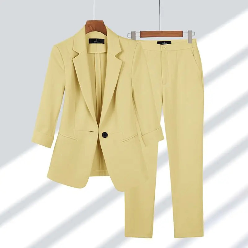 Women Blazer Pants 2 Piece Set Spring Summer Thin Office Lady Basic Joker Black Suit Coat Trousers Outfits Work Clothing Female 240327