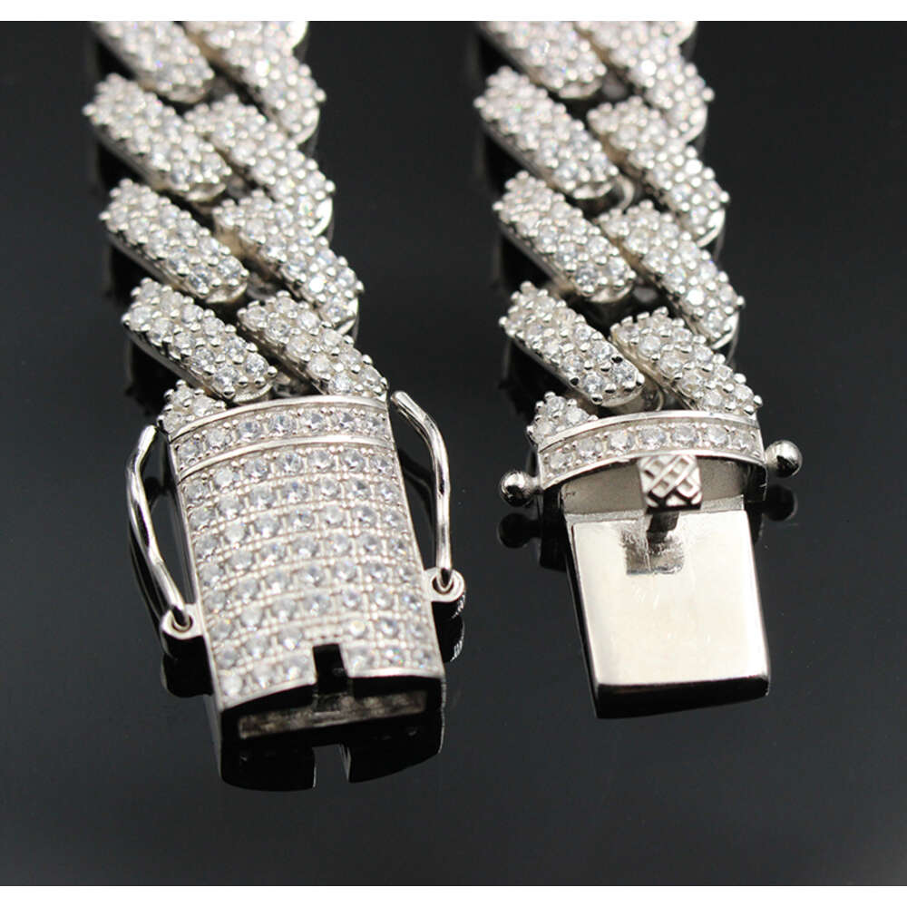 Wonderful Detail 925 Silver 10-18mm Hip Hop Free Fire Moissanite Diamond 2 Rows Bracelet Cuban Link Chain