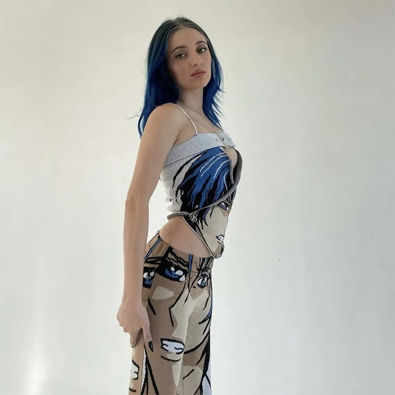 Women Summer Anime Y2K copr top Sweater Pants Set High Waist Flare Suits Y2k Two Piece 240315